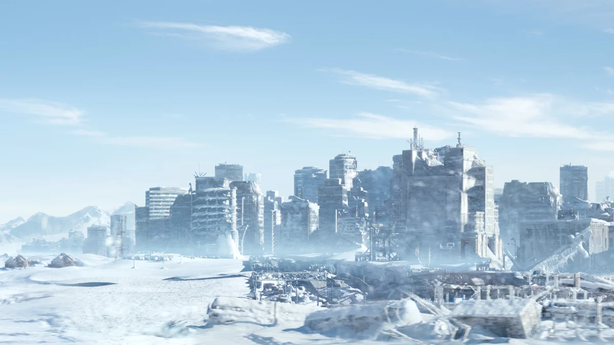 A photograph of a ruined city in an ice age