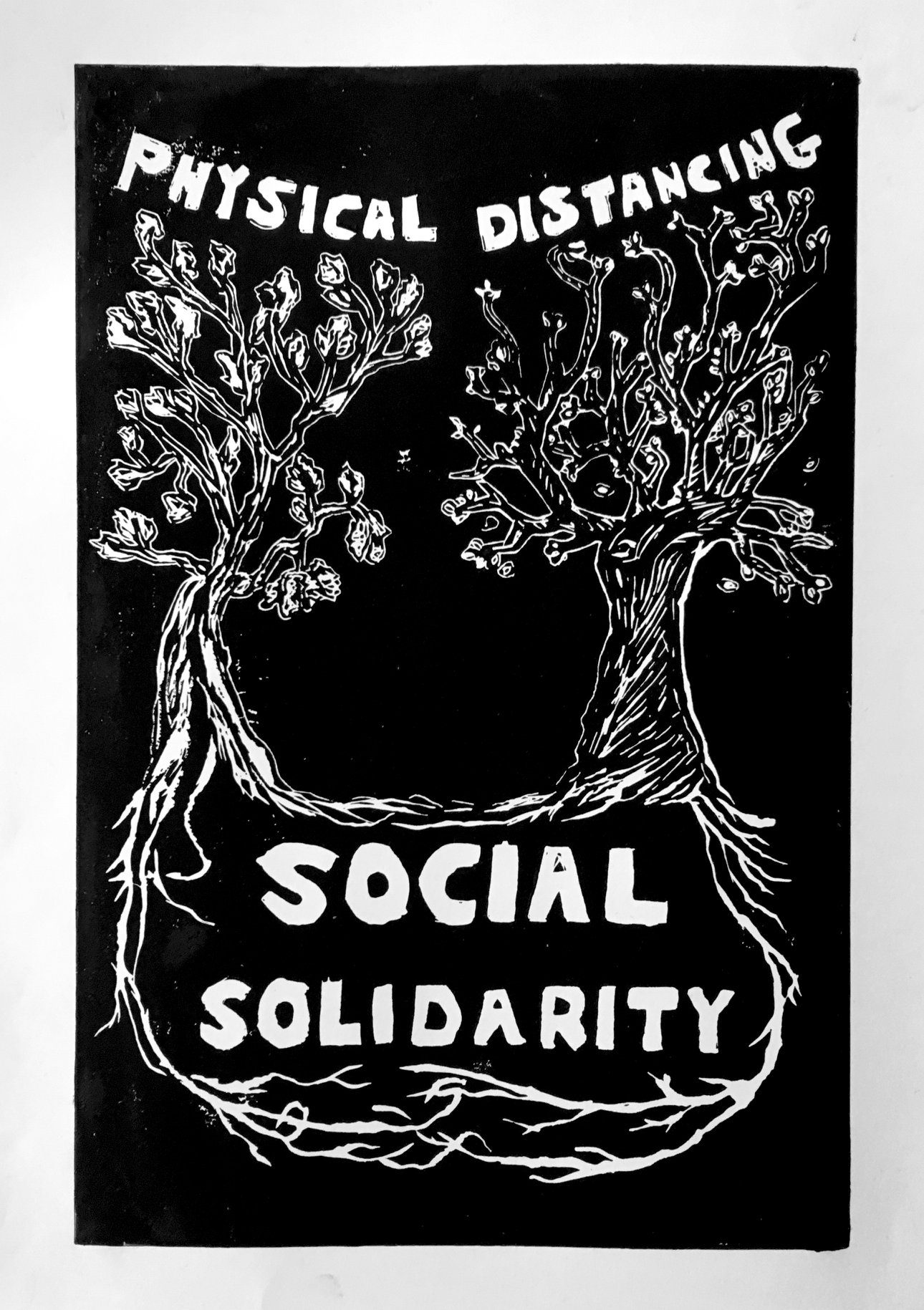 Linocut Tara Weinberg Physical Distancing Social Solidarity