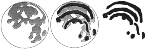 Three drawings showing the lunar map carved into the cave in Knowth Ireland
