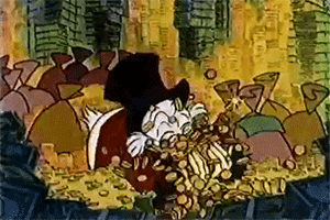Scrooge McDuck swimming in gold coins