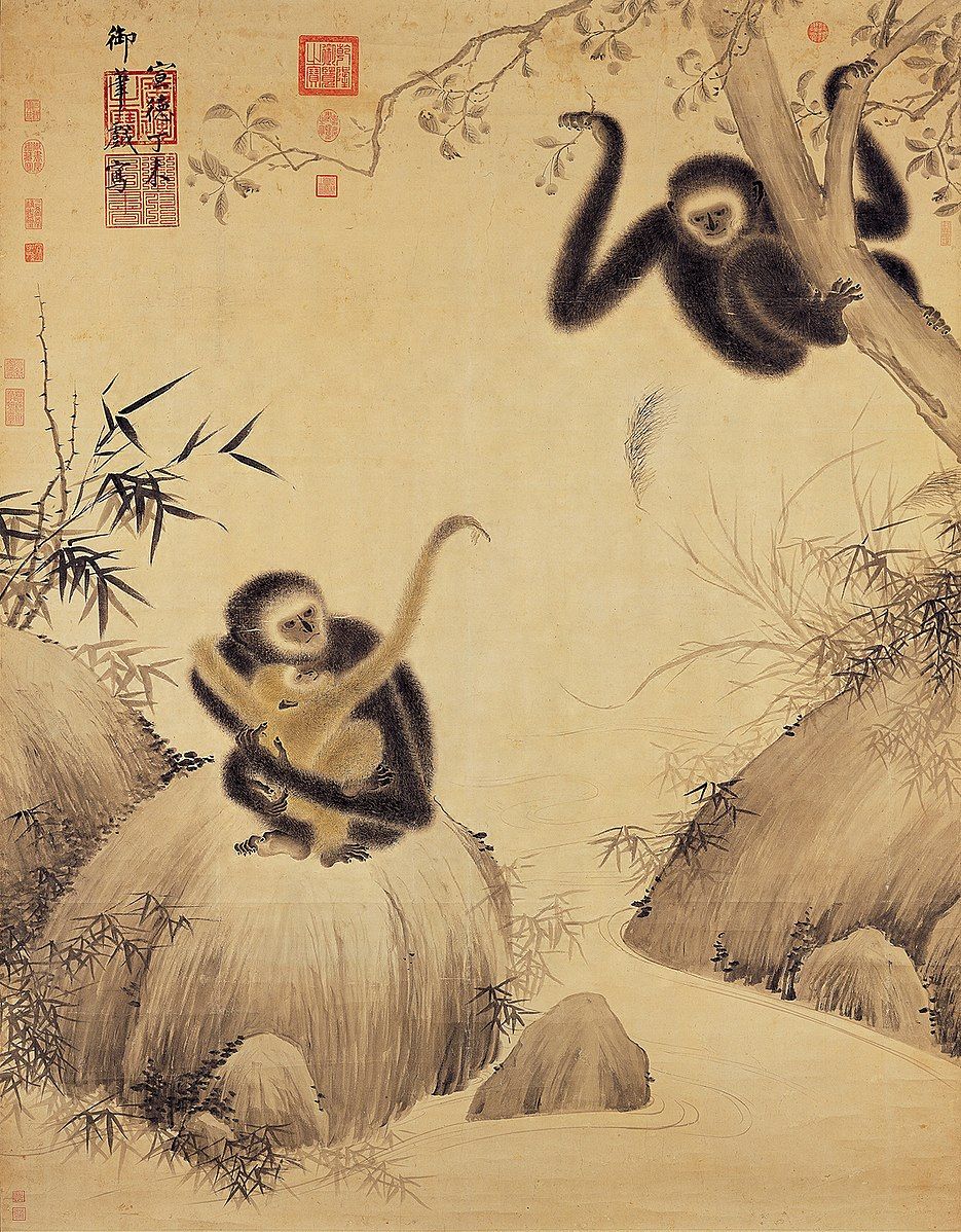 A painting of two gibbons