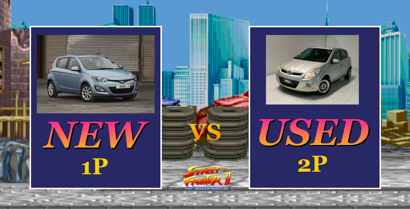 A Street Fighter II loading screen featuring a new car versus a used car