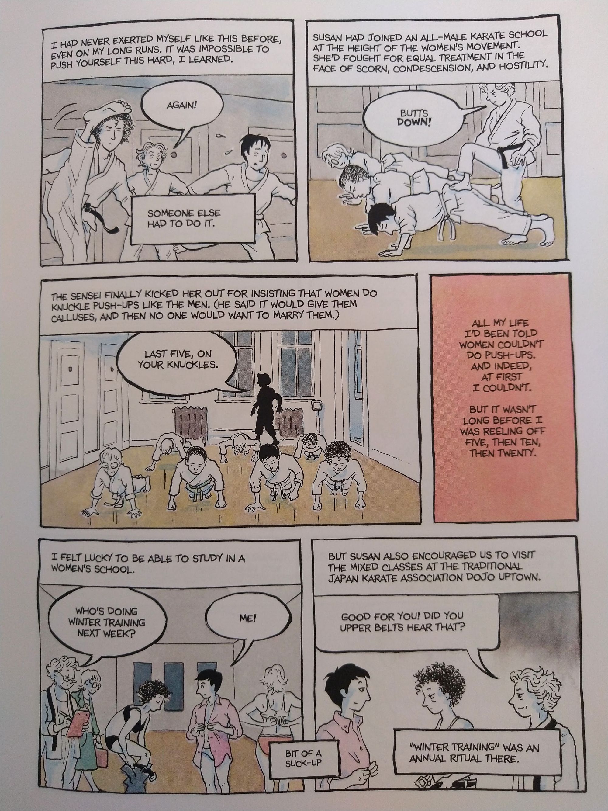 A page from Alison Bechdel's "The Secret to Superhuman Strength" about learning karate.