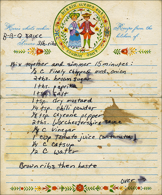 a handwritten recipe card for barbeque sauce, covered in sauce stains