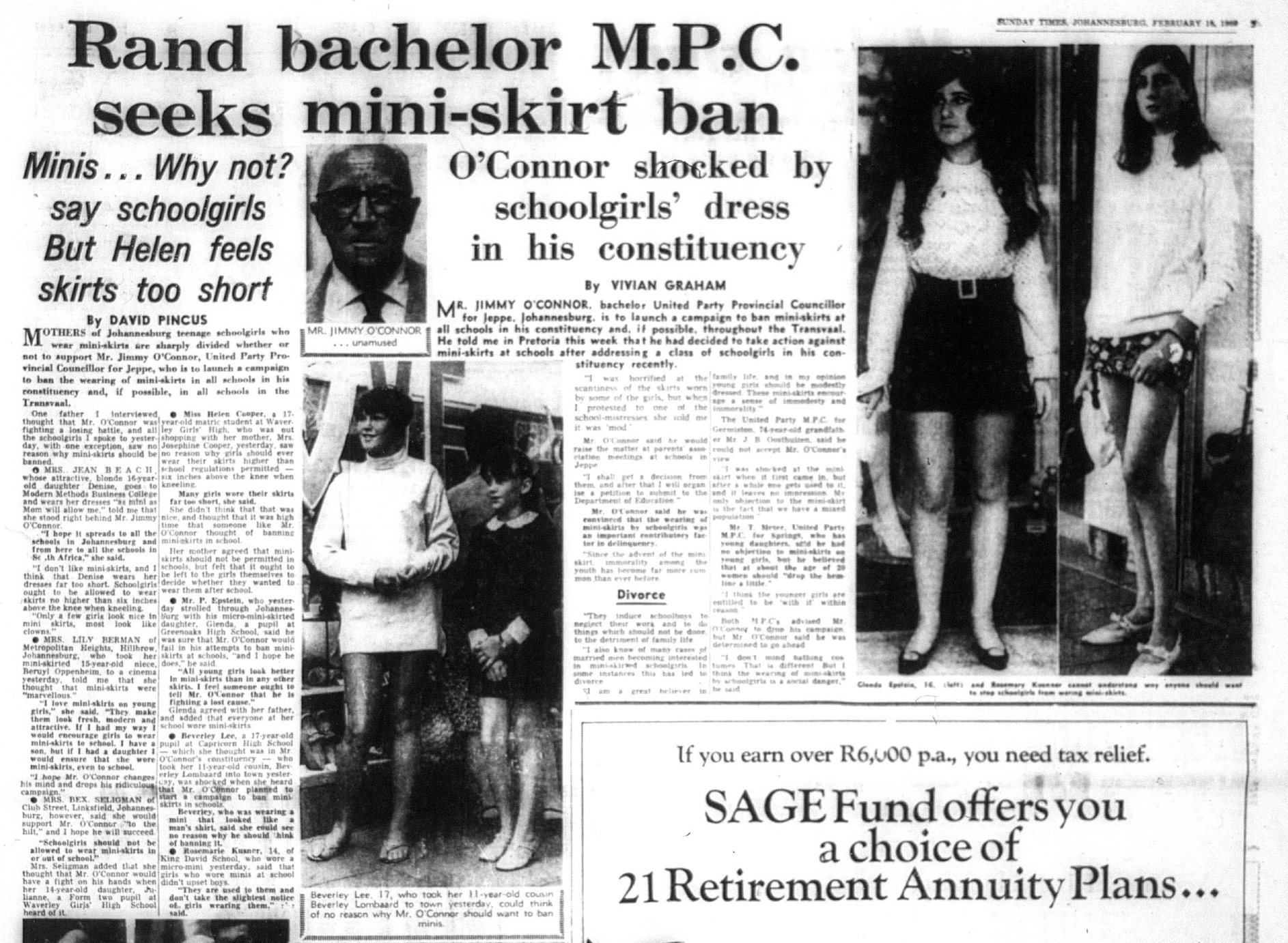 Screenshot of the Sunday Times. Headline, "Rand bachelor MPC seeks mini-skirt ban"