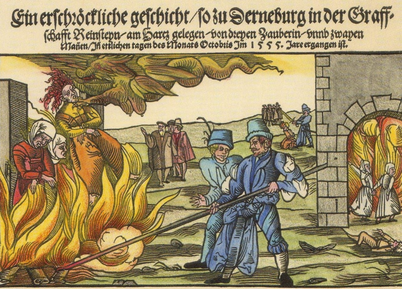 An engraving of a woman being burned alive