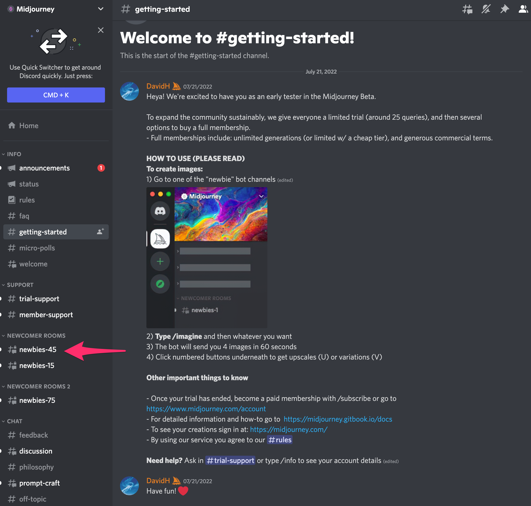 A screenshot of the Discord Midjourney getting-started screen