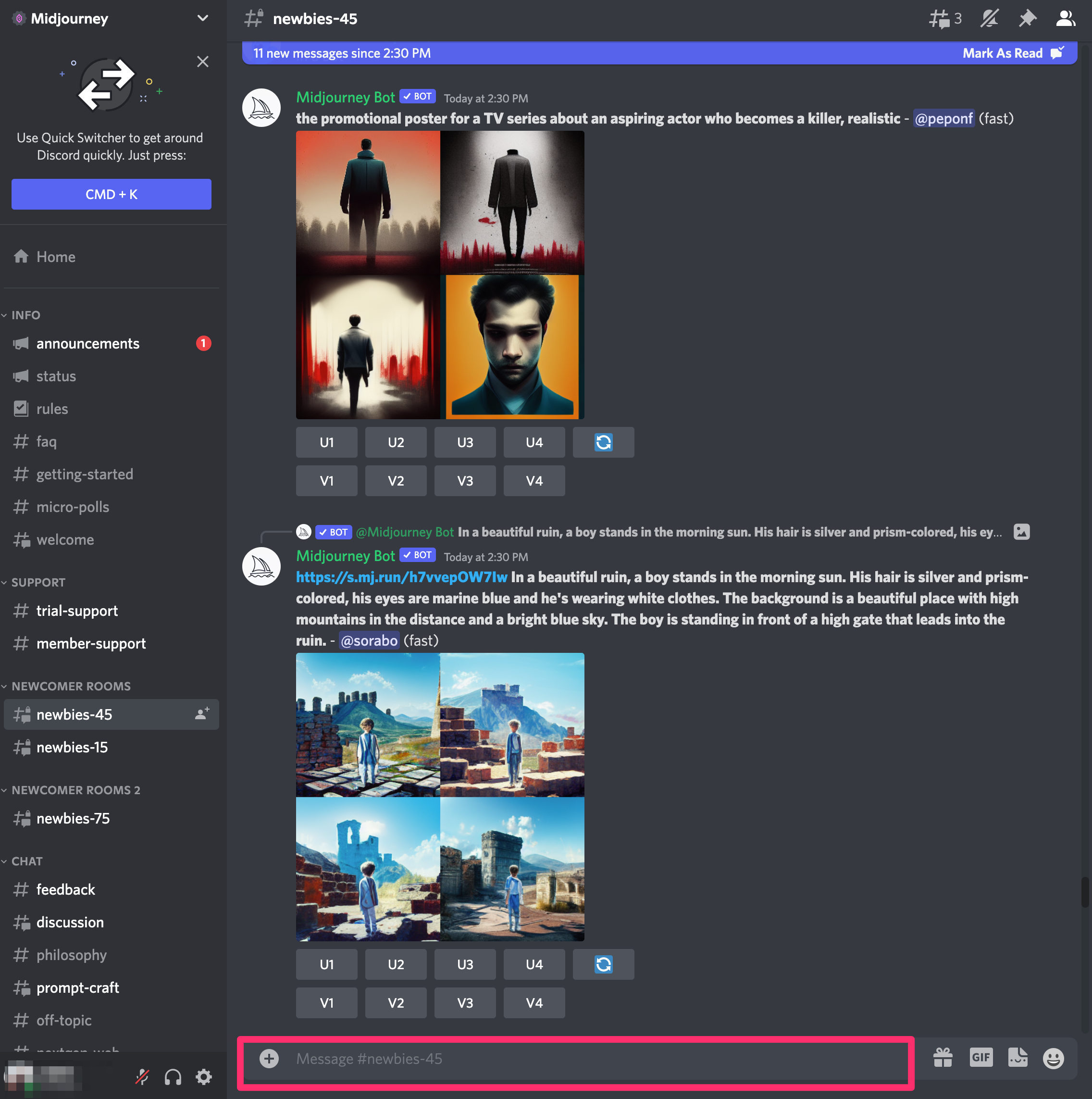 A screenshot of Midjourney in Discord