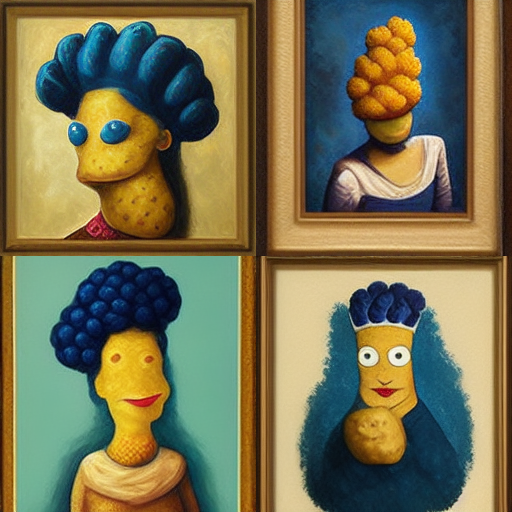 Four oil paintings of Marge Simpson as a potato
