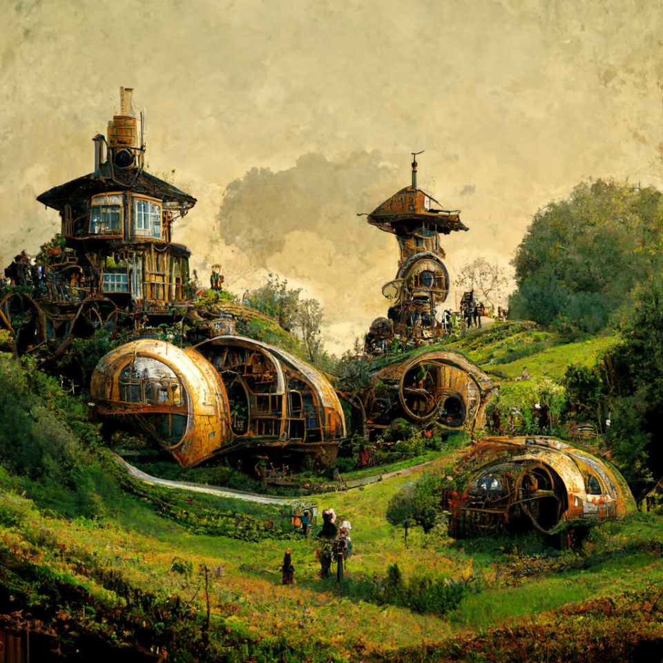 steampunk hobbiton high-res from Midjourney