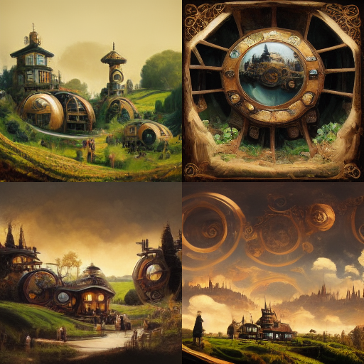 Steampunk Hobbiton from Midjourney, four options