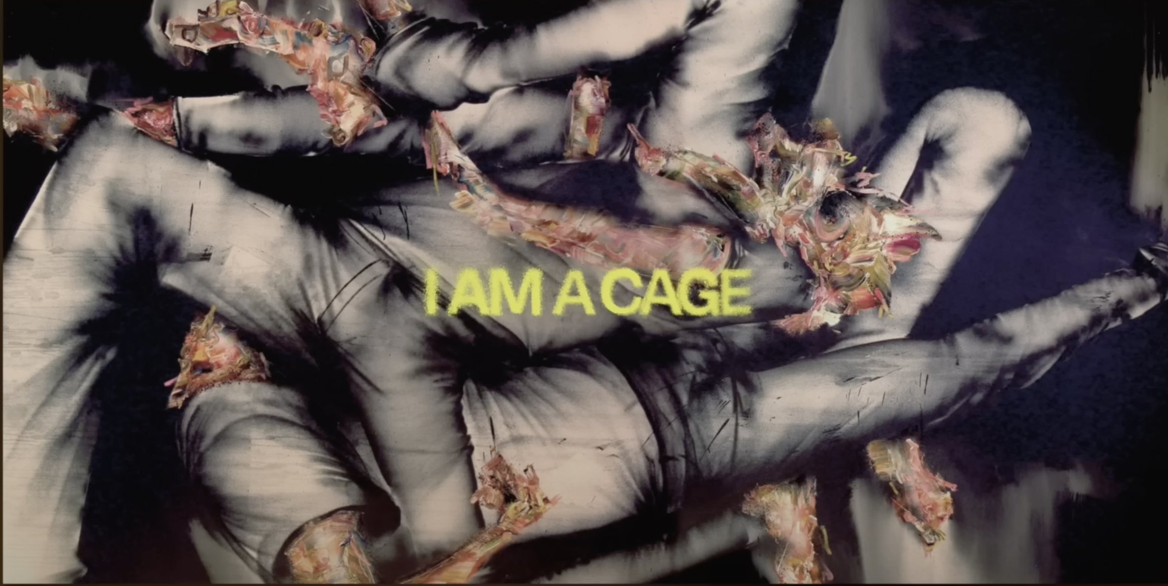 Artwork showing human bodies intertwined with the words, "I am a cage"