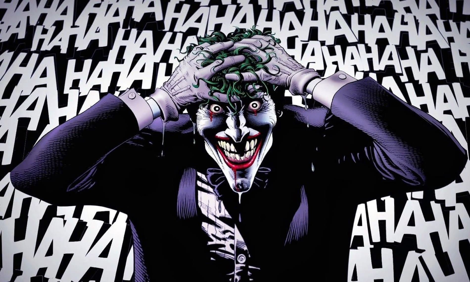 A panel of the Joker from Batman: The Killing Joke by Alan Moore and Brian Bolland. A creepy-faced Joker stands in front of a wall of text, "HAHAHAHAHAHAHA".