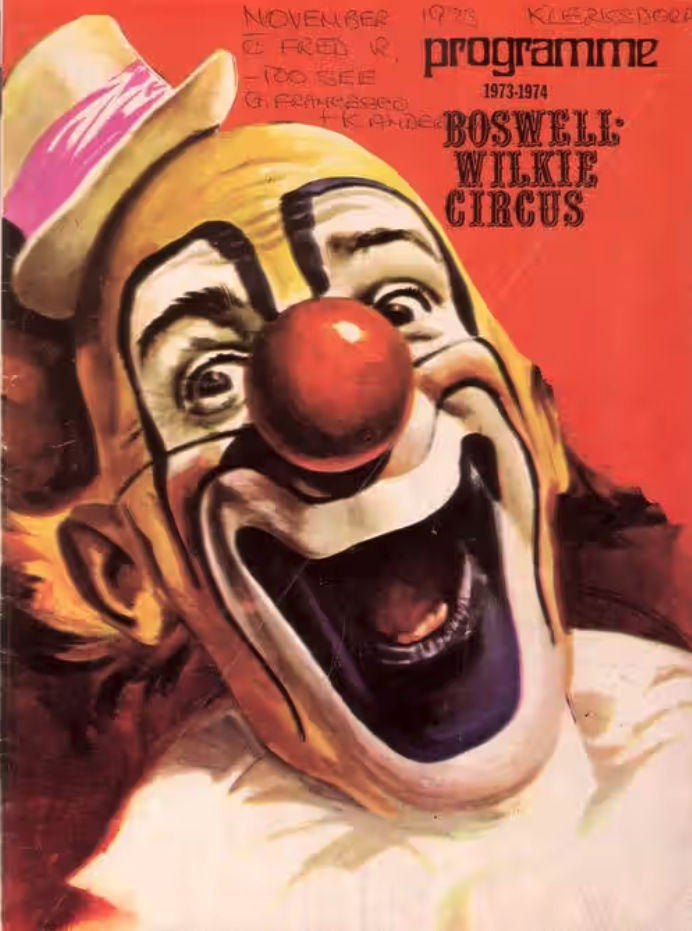 A grinning clown.