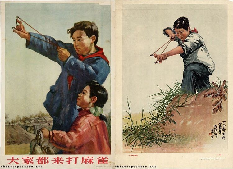 Two Chinese propaganda posters showing children shooting sparrows out of the air with a caddy.