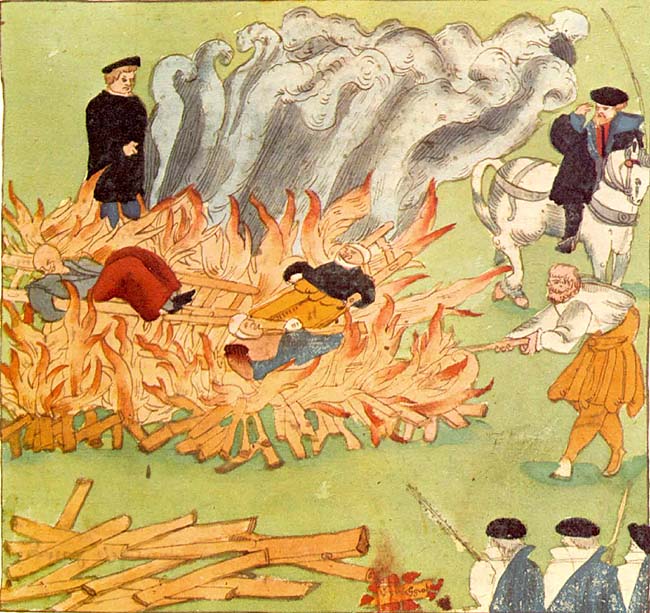 A painting of three witches being burned