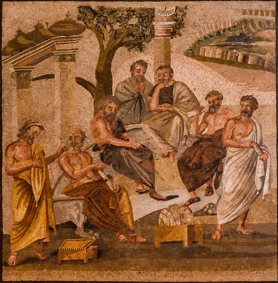 An ancient Roman mosaic showing people holding scrolls and talking